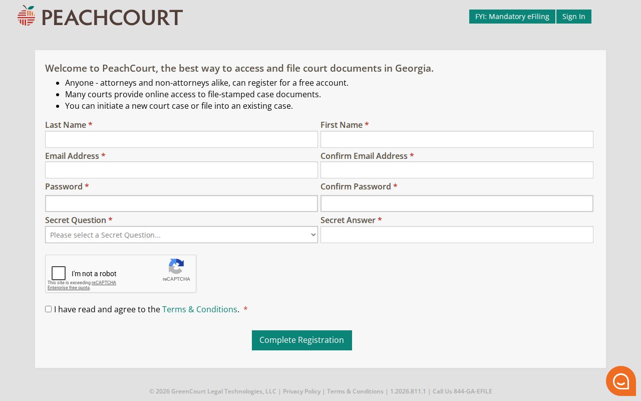 PeachCourt registration fields used before a Charlton County docket search