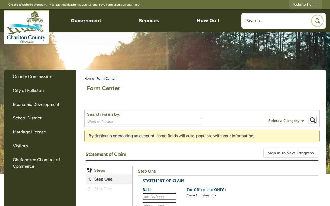 Charlton County civil court docket Statement of Claim fields