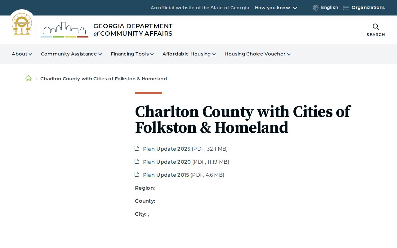 Georgia DCA page identifying Folkston and Homeland as Charlton County cities
