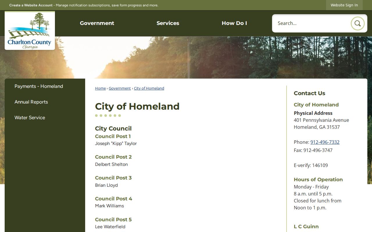 Official Homeland City Hall contact page used to distinguish city record routes